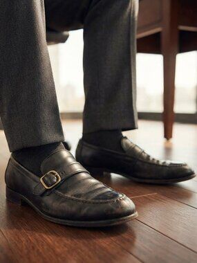 Bally Mens Dress Shoes 9.5 D Black Leather Loafers Slip On Strap Buckle ITALY
